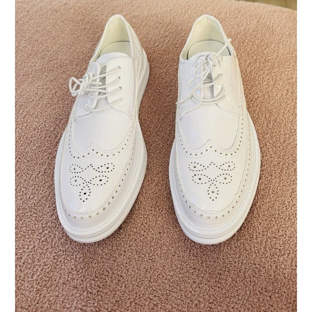 Mens White Patent Wingtip Brogues Platform Dress Shoes A310 Size 43 (size 9 Men)